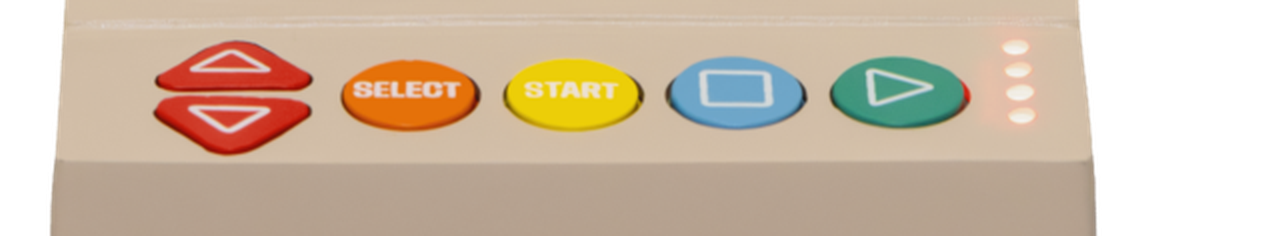 CodePad button row: red up and down arrows, orange Settings, yellow Back, blue square, green play, and the four battery LEDs